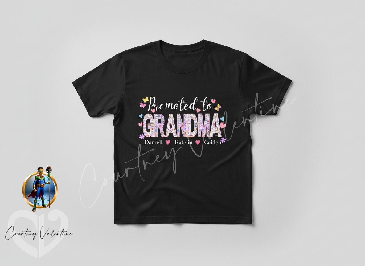 T-shirt personnalisé "Promu à Mamie"! Noms des petits-enfants, cadeau pour la fête des mères ou un anniversaire.