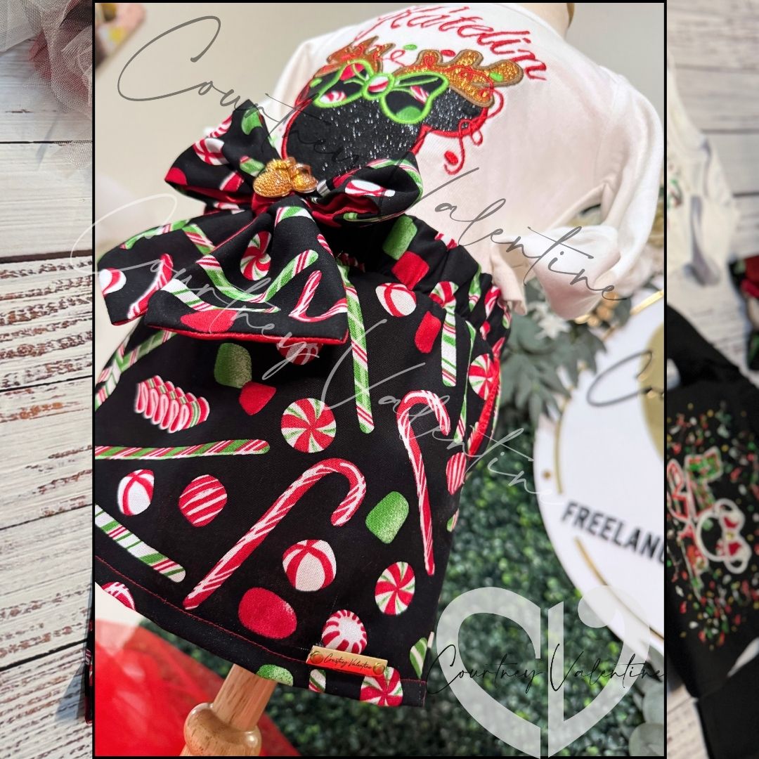 Ensemble de T‑Shirt brodé personnalisé et gilet de Noël sur mesure avec une jupe droite et un nœud de cheveux assorti