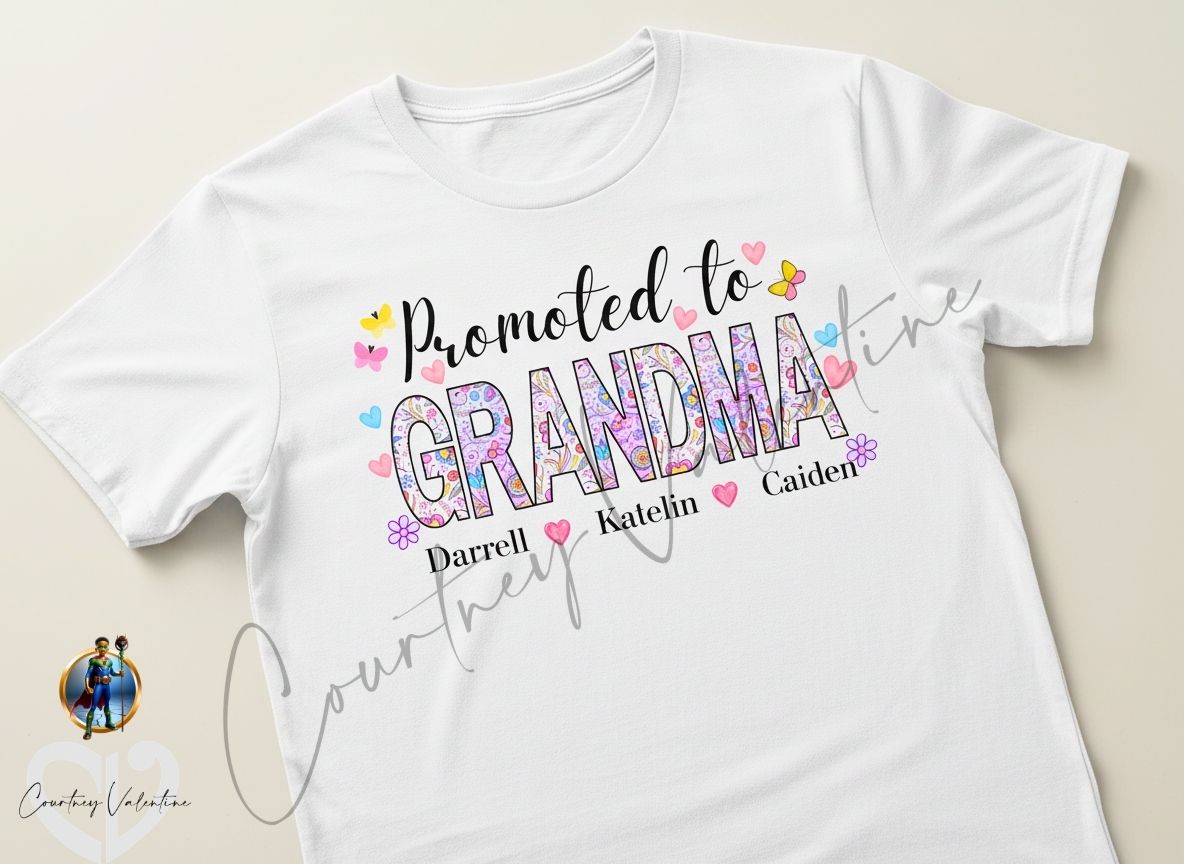 T-shirt personnalisé "Promu à Mamie"! Noms des petits-enfants, cadeau pour la fête des mères ou un anniversaire.