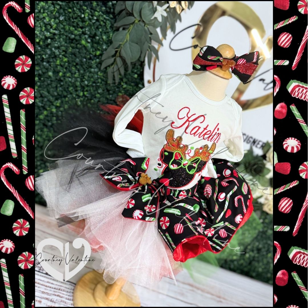 Ensemble de T‑Shirt brodé personnalisé et gilet de Noël sur mesure avec un tutu unique et un nœud de cheveux assorti