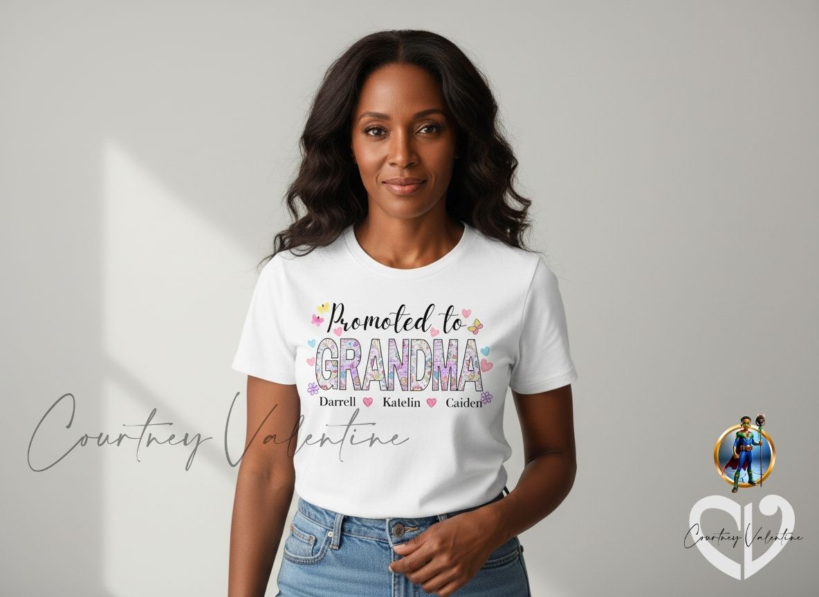 T-shirt personnalisé "Promu à Mamie"! Noms des petits-enfants, cadeau pour la fête des mères ou un anniversaire.