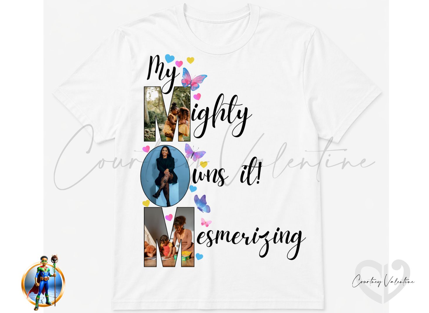 Personalized Photo Collage Mom T-shirt. MOM = M — Mighty • O — Owns It • M — Mesmerizing