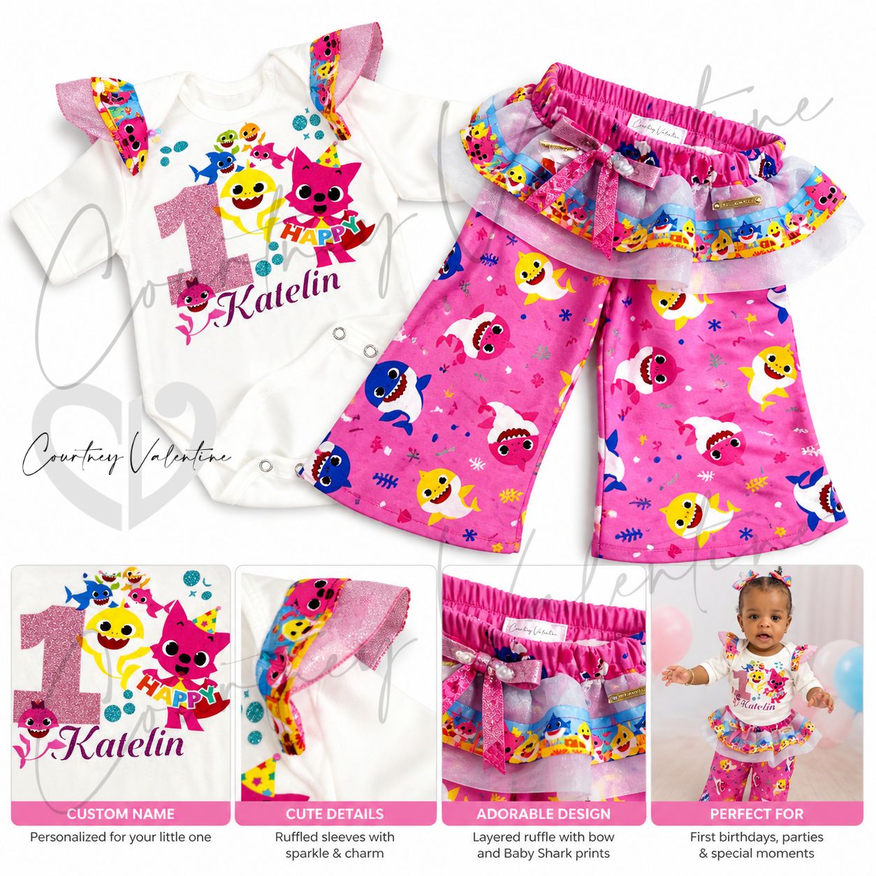 Ensemble de design personnalisé Bébé Shark et Pinkfong comprenant un T-shirt, un pantalon et un ou des nœuds pour cheveux assortis.