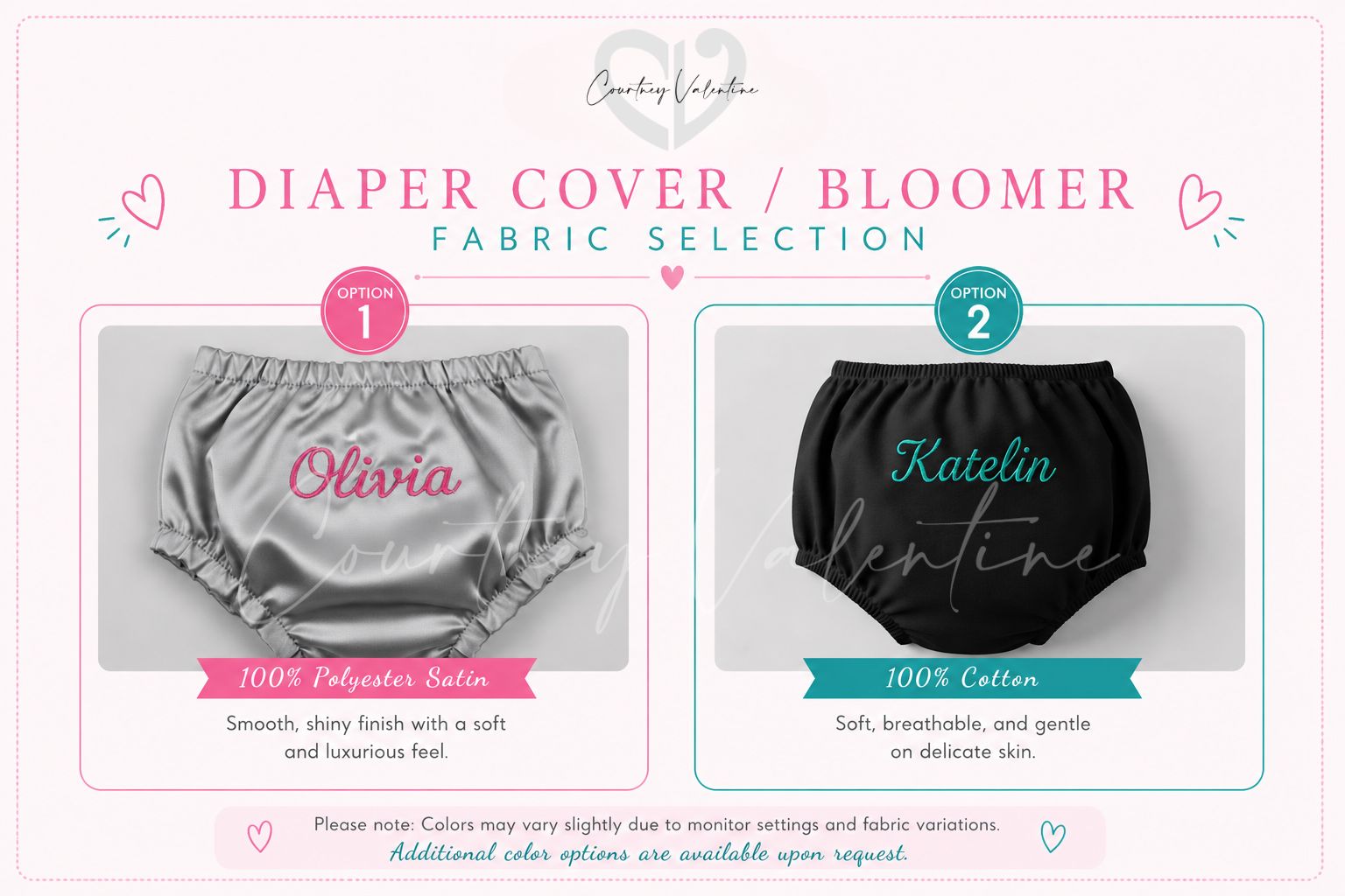 Couvre-couches/bloomers personnalisés pour filles — Fabriqués sur mesure en satin ou en coton