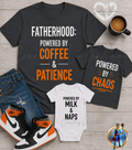 Personalized Fatherhood & Kids Matching T‑Shirts – Powered by Coffee & Patience Family Set