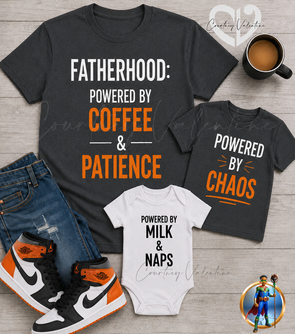 Personalized Fatherhood & Kids Matching T‑Shirts – Powered by Coffee & Patience Family Set