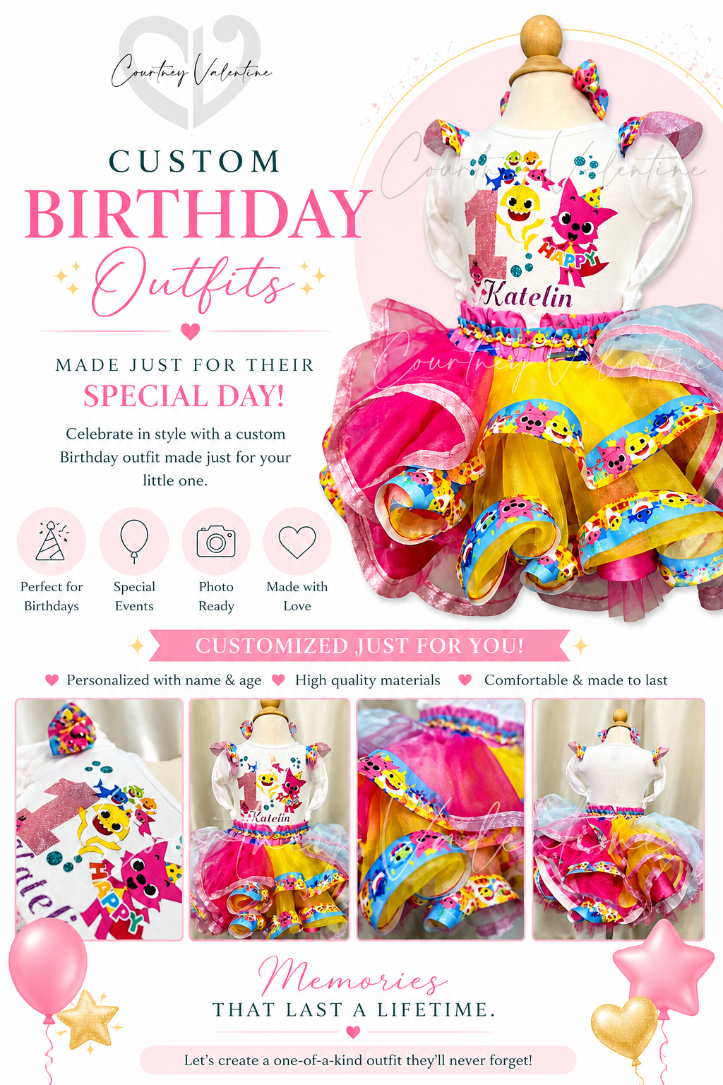 Ensemble d'anniversaire personnalisé Bébé Shark & Pinkfong unique avec tutu en couches personnalisé, T-shirt personnalisé et un ou des nœuds pour cheveux assortis