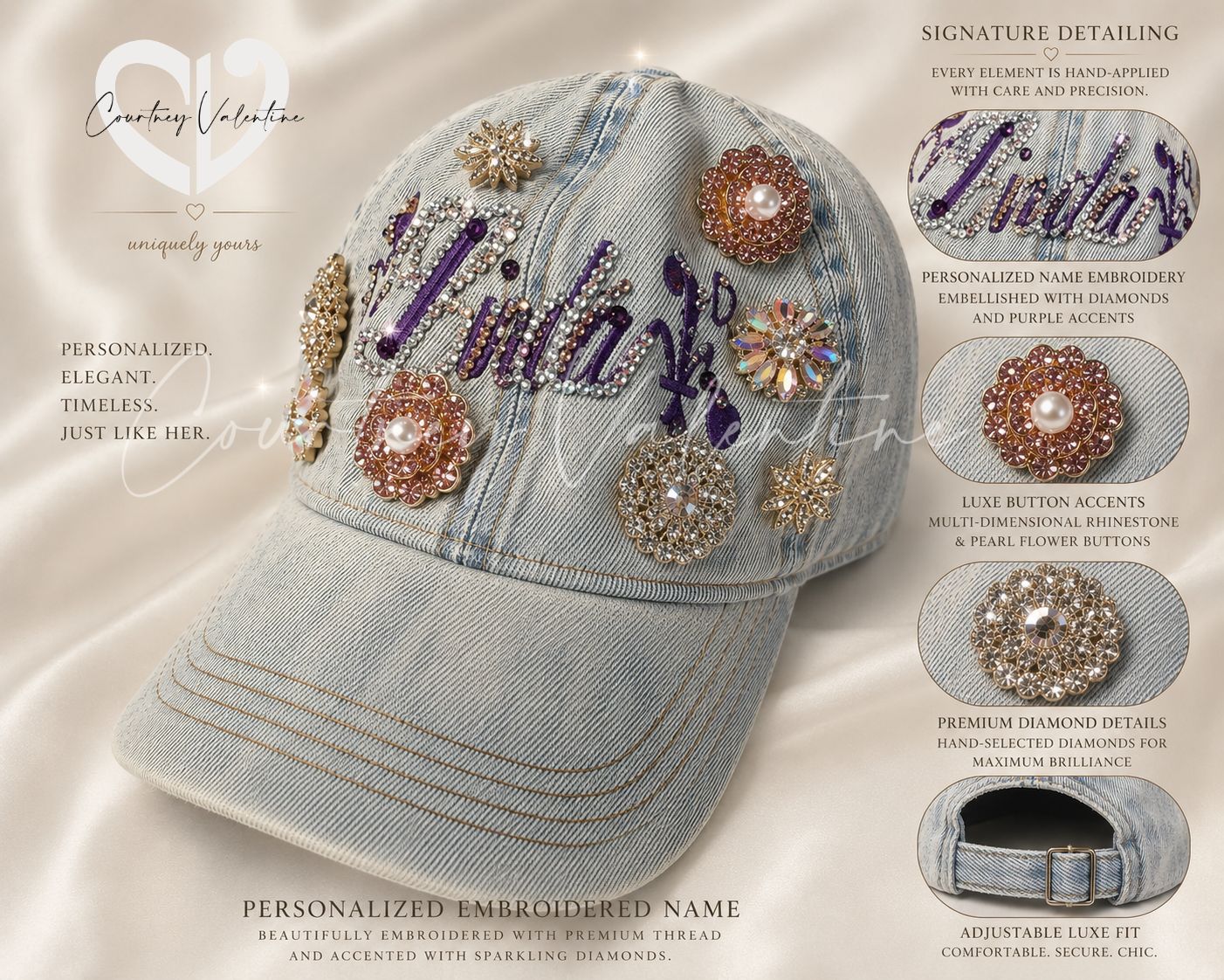 Beautiful Washed Denim Hat with Personalized Embroidery & Sparkling Bling Accents