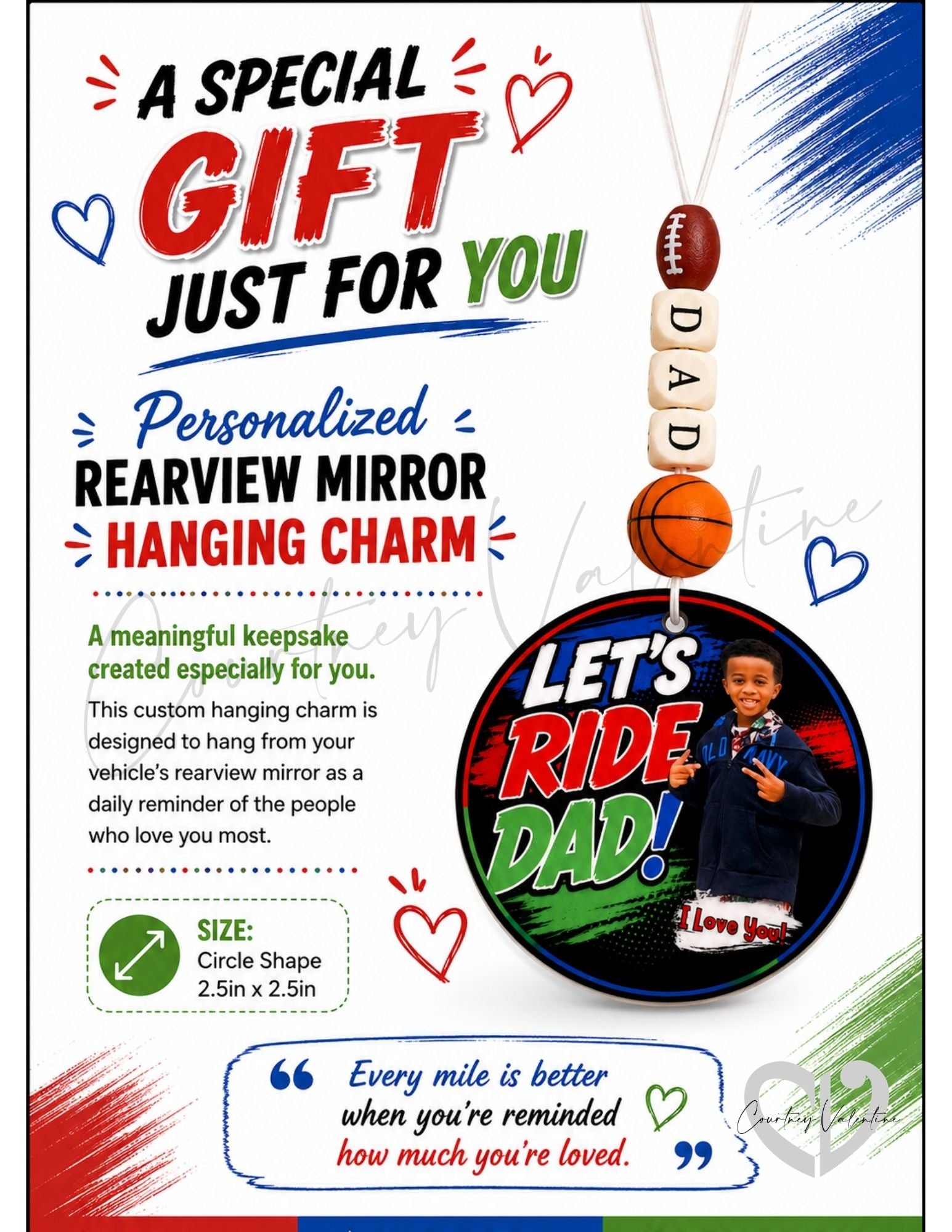 Personalized Front and Back Review Mirror Hanging Charm