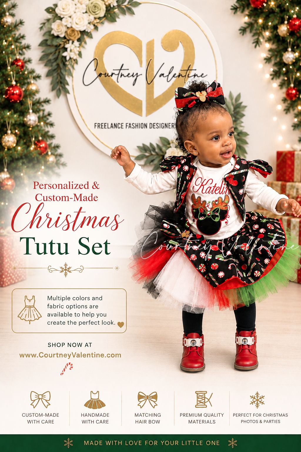 Ensemble de T‑Shirt brodé personnalisé et gilet de Noël sur mesure avec un tutu unique et un nœud de cheveux assorti