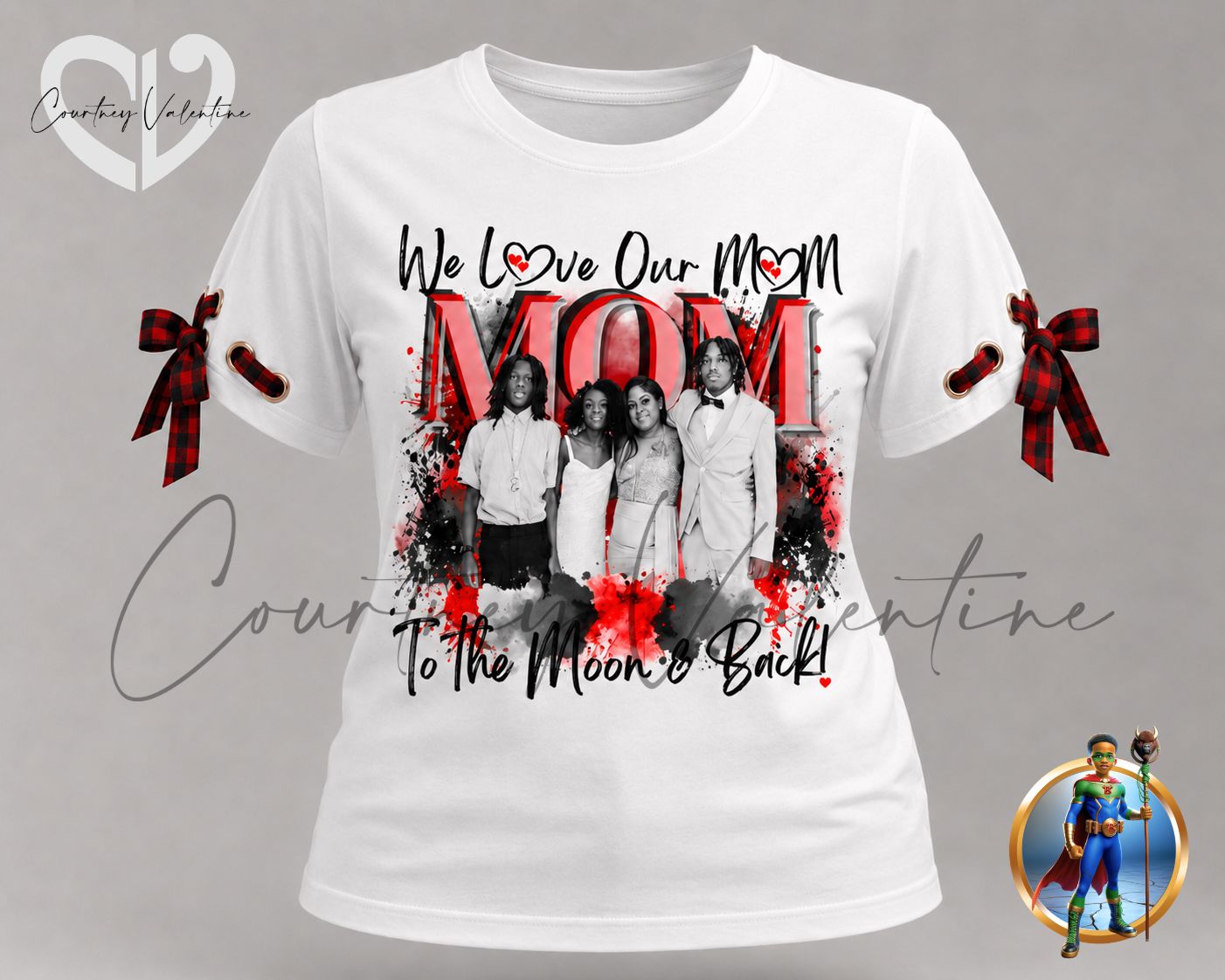 T‑Shirt personnalisé “Nous aimons notre M à la lune et retour” avec accent de manche en ruban
