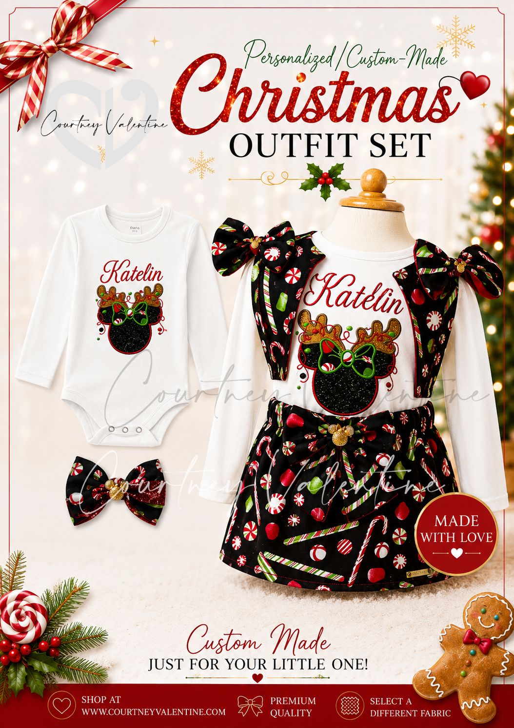 Ensemble de T‑Shirt brodé personnalisé et gilet de Noël sur mesure avec une jupe droite et un nœud de cheveux assorti